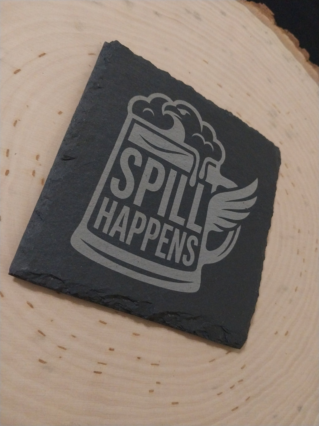 Spill Happens Engraved Slate Drink Coaster – Set of 3