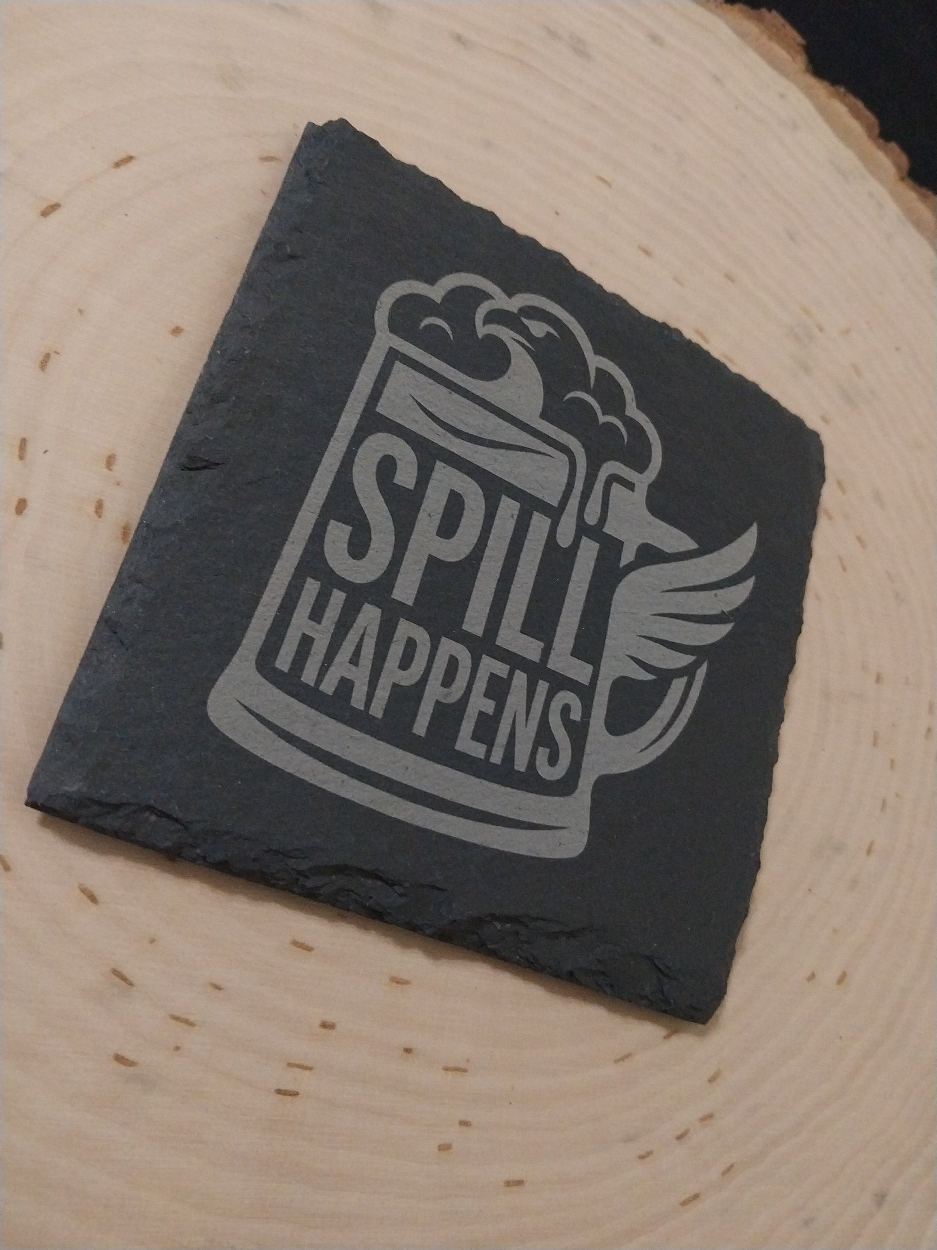 Spill Happens Engraved Slate Drink Coaster – Set of 3