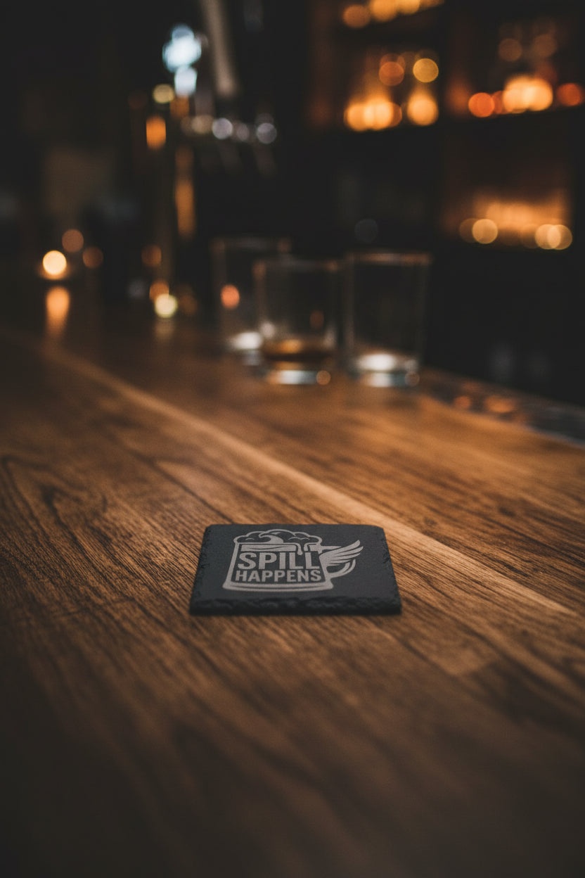 Spill Happens Engraved Slate Drink Coaster – Set of 3