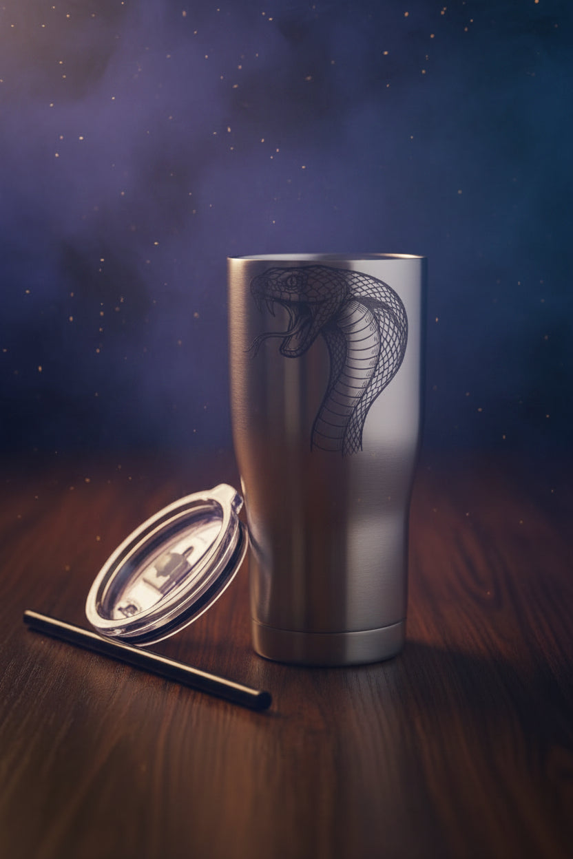 A stainless steel tumbler with a laser-engraved snake design, shown alongside its clear lid and a black straw on a neutral surface.