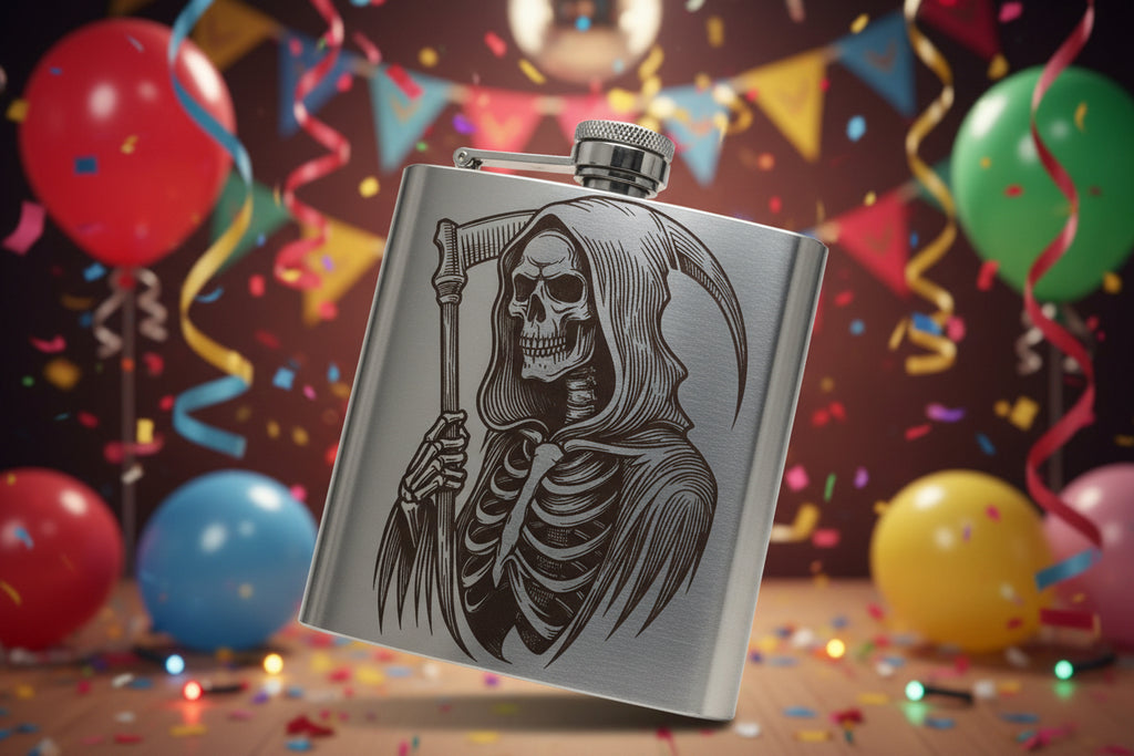 6 oz. Stainless steel flask with engraved grim reaper skeleton design.