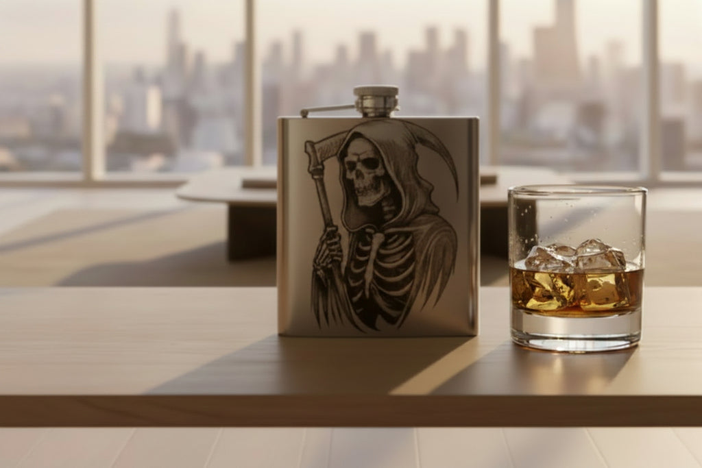 6 oz. Stainless steel flask with engraved grim reaper skeleton design.
