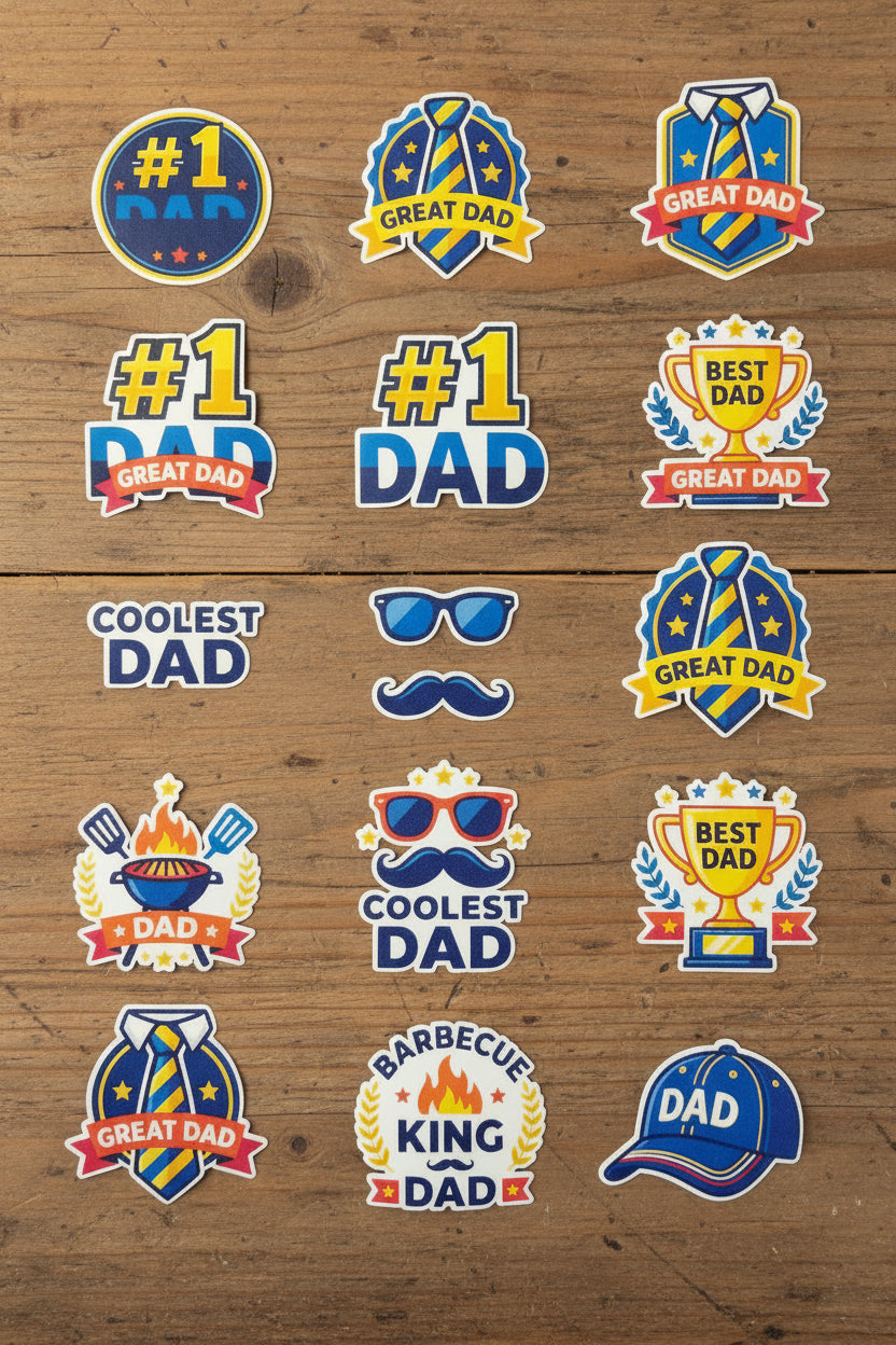 Collection of Father's Day-themed stickers on a blue grid background