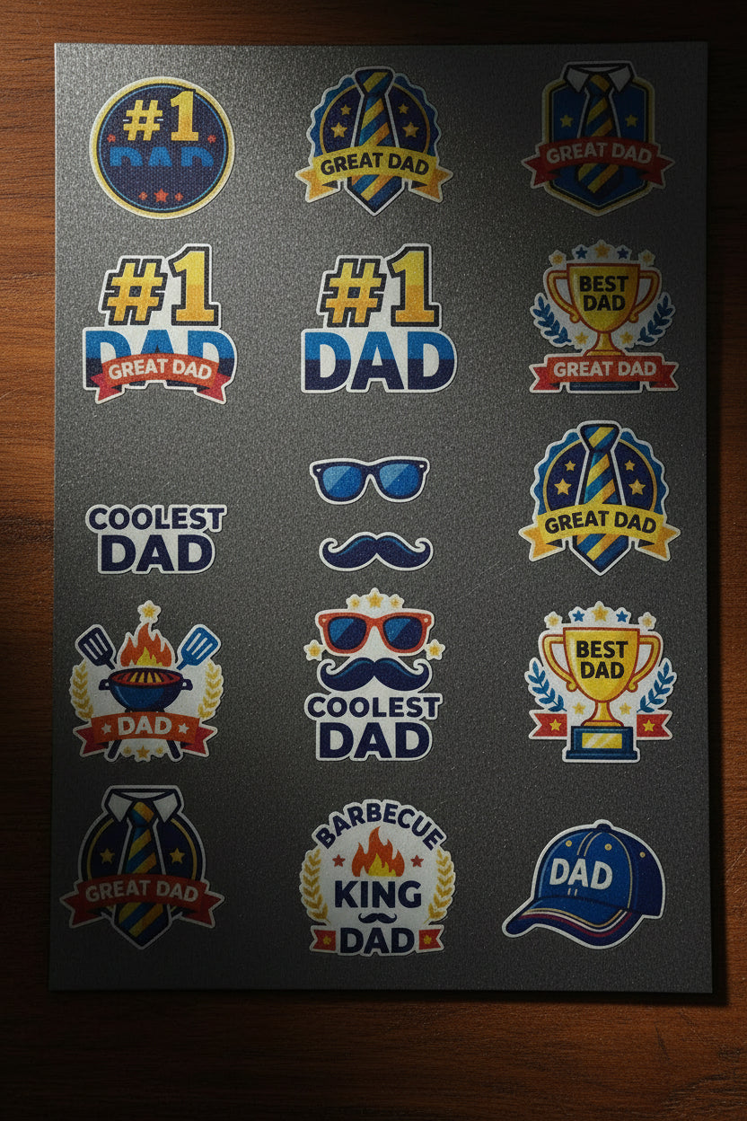 Collection of father's day-themed stickers on a blue grid background